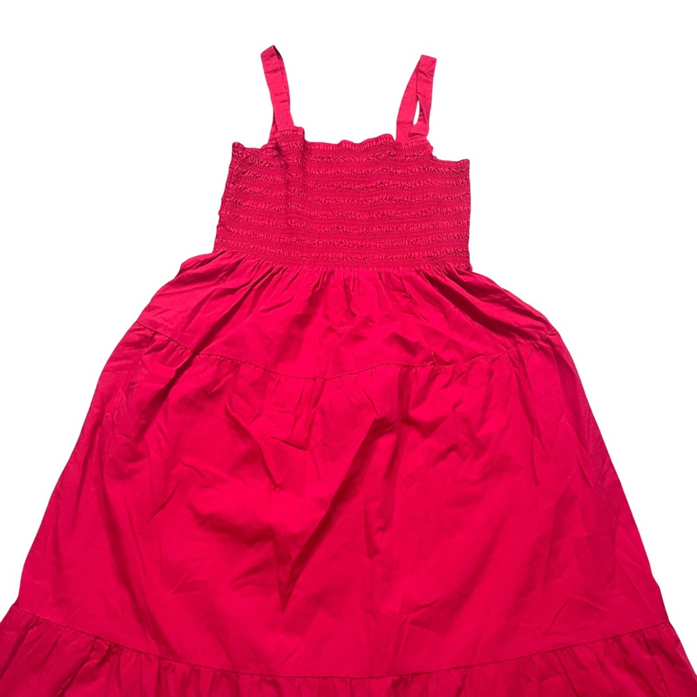 Madewell Red Smocked Tiered‎ Midi Dress Sleeveless Cotton Poplin Womens Size 10